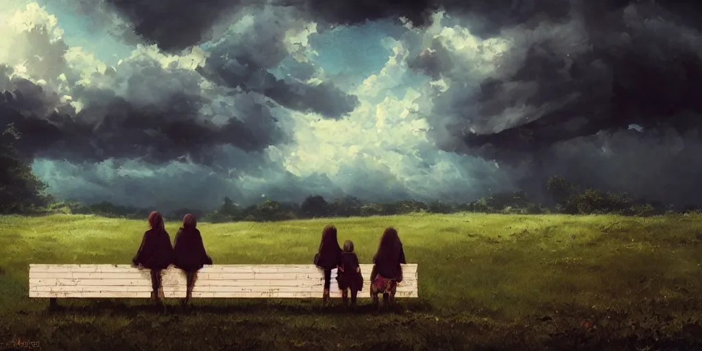 Image similar to a family with sorrow faces sitting on a bench, dramatic sky, close up shot, anime art, Greg Rutkowski, dramatic lighting