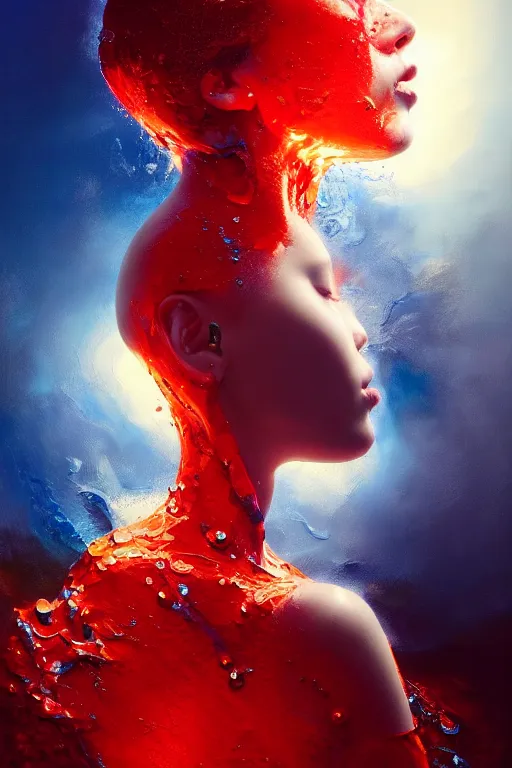 Prompt: 3 d, crying fashion model, flame, liquid deep blue and red water, sun, vogue cover style, poster art, high detail, intricate oil painting, multiple exposure, heaven mood, hyperrealism, 3 d, by tooth wu and wlop and beeple and greg rutkowski
