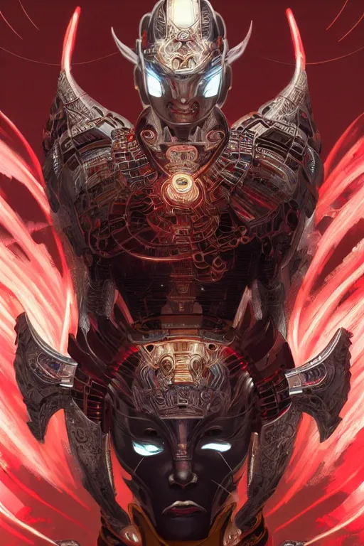 Image similar to asura from chinese myth, ghost, mecha, symmetrical. sci - fi, tech wear, glowing lights, intricate, elegant, highly detailed, digital painting, highly detailed, digital painting, artstation, concept art, smooth, sharp focus, illustration, art by artgerm and greg rutkowski and alphonse mucha