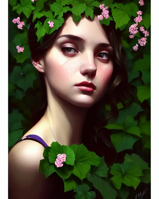 Prompt: stylized portrait of an artistic pose, composition, young lady sorrounded by nature, cinematic moody colors, ivy, flowers, one single head, realistic shaded, fine details, realistic shaded lighting poster by ilya kuvshinov, magali villeneuve, artgerm, jeremy lipkin and michael garmash and rob rey