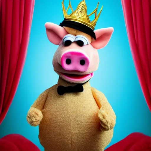 Prompt: news anchor pig wearing a gold crown depicted as a muppet 8k