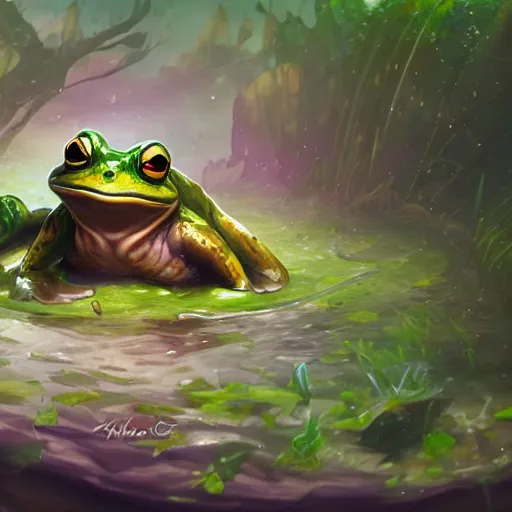 Prompt: beatiful art league of legends splash art of a frog in a swamp