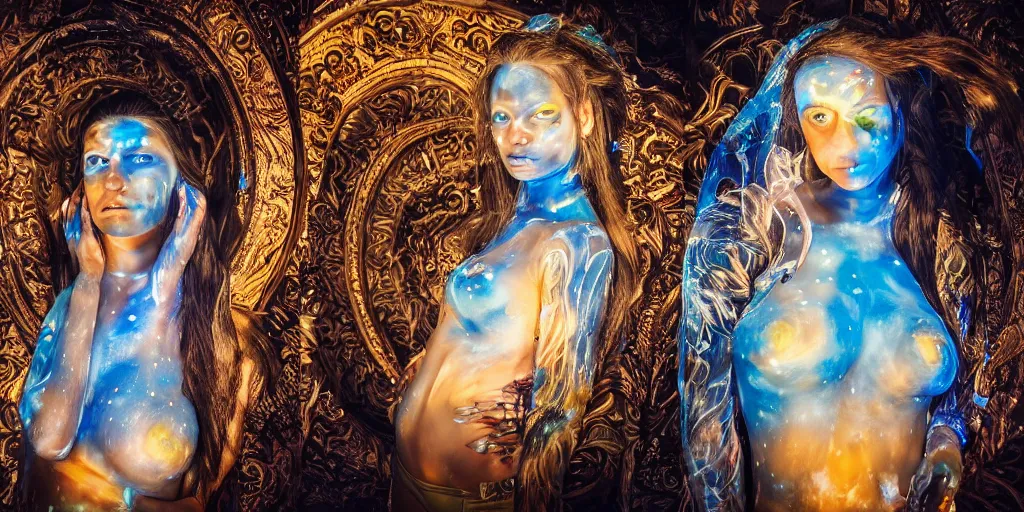 Prompt: love, translucent people with glowing body paint, rebirth, wide angle, cinematic atmosphere, elaborate, highly detailed, dramatic lighting