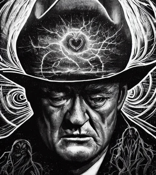 Image similar to profile picture of lovecraftian john wayne, surrounded by beams of light dark background by wayne barlow, stanley donwood, anton semenov, zdzislaw bekinski, hr giger, 8 k, fantasy, dark, highly detailed