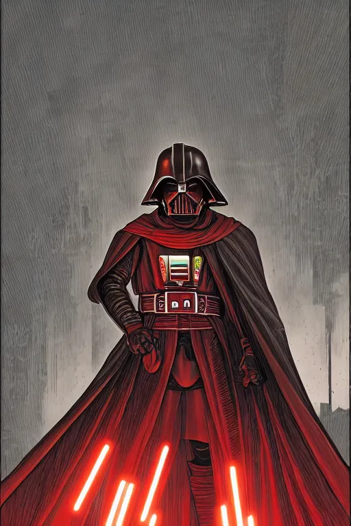 Prompt: darth revan, by moebius and dan mumford, monochrome background, colorful comics style