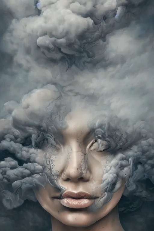 Image similar to surreal distorted detailed painting of a woman made of cloudy smoke, hyper detailed, trending on Artstation