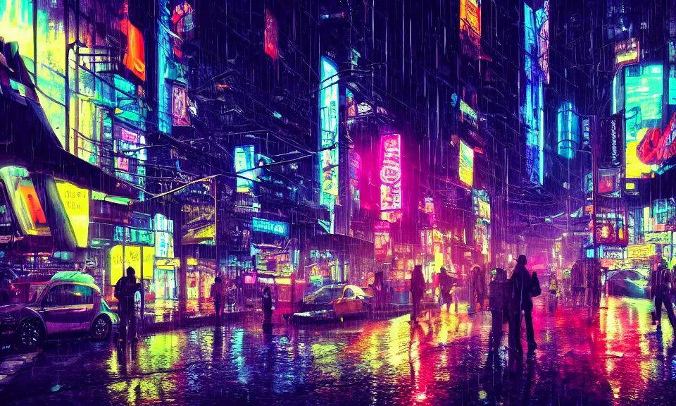 Prompt: a cyberpunk street scene with neon lights, raining, cinematic, atmospheric lighting, 4k uhd wallpaper, digital art trending on artstation