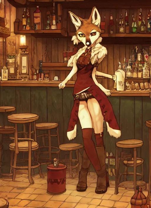 Image similar to anthro coyote fursona barmaid in a cozy tavern, hidari, color page, tankoban, 4K, tone mapping, Akihiko Yoshida.