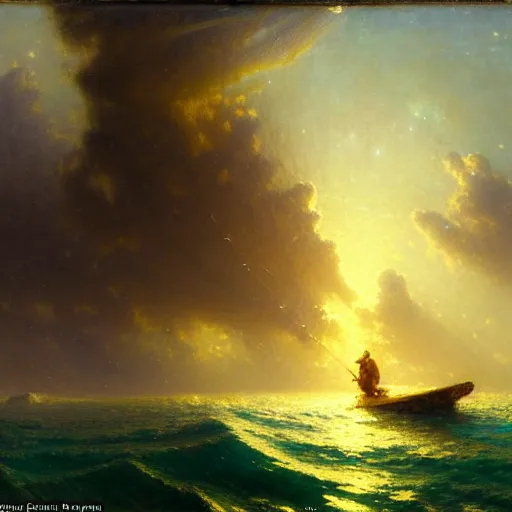 Image similar to point of view of deep in the ocean looking up, you see fishes, the milk way, night time, midnight, no sunlight. highly detailed painting by gaston bussiere, greg rutkowski 8 k