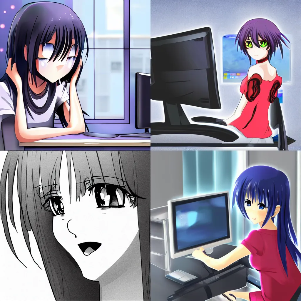Prompt: anime girl staring from inside the computer, creepy, uncanny, ominous