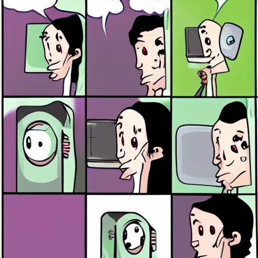 Image similar to comic of a person with an enthralled expression and exaggeratedly large eyes using a computer