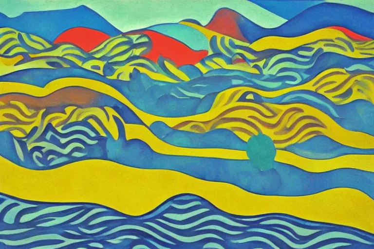 Image similar to A modernist landscape painting. Wild energy patterns rippling in all directions. Curves, zig-zags. Organic. Mountains. Clouds. Vegetation. Rushing water. Waves. LSD. Fauvism.