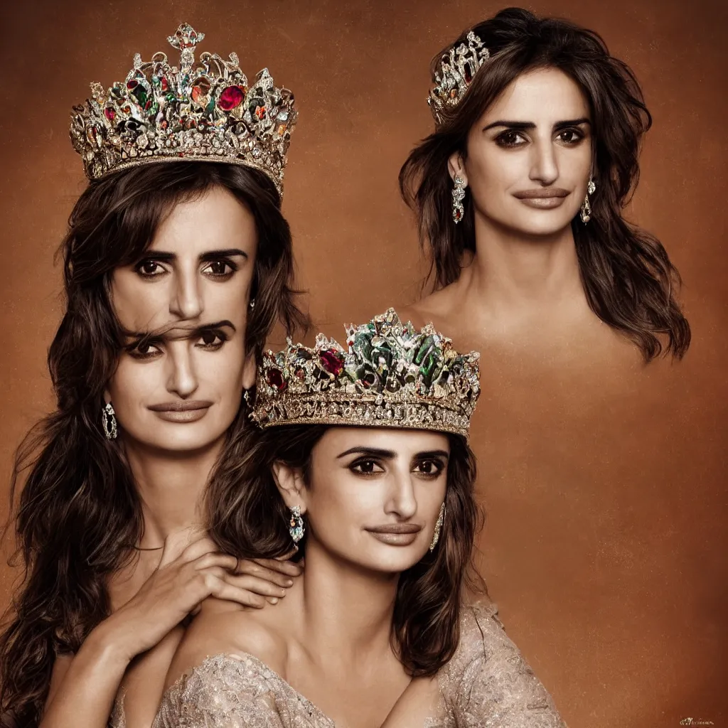 Image similar to penelope cruz as the princess of england, big crown adorned with emerald, diamonds, topaz, gold, ruby and other jewellaries, sensual, beautiful soft light failling on her face, zoomed out, studio photography, nikon 3 5 mm portrait photography, ultra realistic