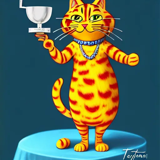 Image similar to fullbody!! personification of garfield the cat as a goddess holding a blood chalice and lasagna, detailed, stunning, cat face, hyperrealistic, trending on artstation, smooth and sharp, intricate, fine details, highly detailed, elegant, angular, altermodern, radiant light, detailed and intricate environment, professional character concept art by tatyana kupriyanova