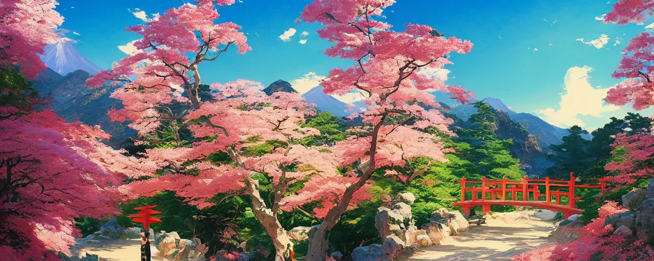 Prompt: a traditional Japanese quite Torii on a mountain，sunshine, pink petals fly, MAPLE TREE, by studio ghibli painting, wide angle , low-angle shot, by Joaquin Sorolla rhads Leyendecker, by Ohara Koson and Thomas Kinkade, traditional Japanese colors, superior quality, masterpiece