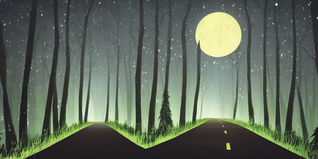 Image similar to night, road between tall trees, dense forest, dark night, moon, in style of disney cartoon