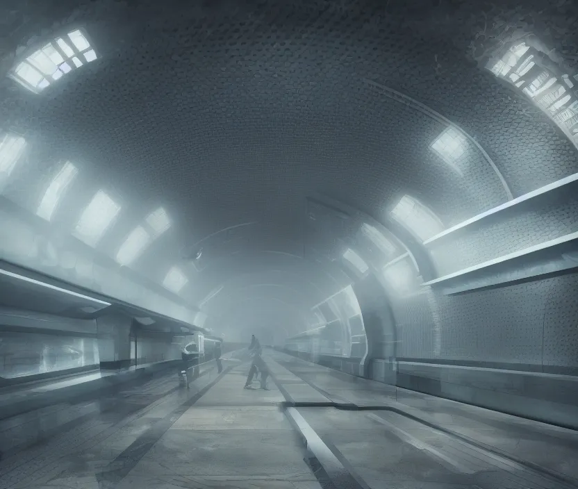 Image similar to Futuristic subway station , gloomy and foggy atmosphere, octane render, artstation trending, horror scene, highly detailded
