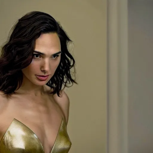 Image similar to a still of gal gadot a beautiful looking off into the distance, wavy long - length black hair, gold collar, white themyscira dress, beautiful brown eyes, medium shot, with a soft, natural light falling on her face. the focus is on her eyes and brows, which are perfectly shaped and well - defined. by annie leibowitz