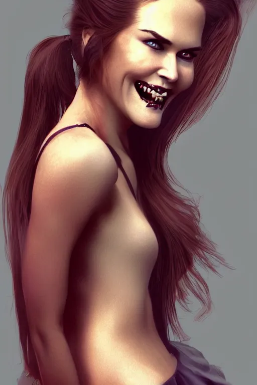 Image similar to mix of beautiful young maria shriver, mariel hemmingway, brooke shields, nicole kidman and elle macpherson as a vampire showing vampire teeth, ready to bite, thin lips, hair tied up in a pony tail, dark blonde hair, colorful, deviantart, artstation, cgsociety