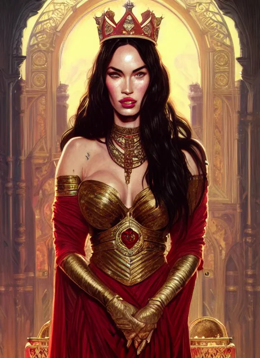 Image similar to portrait of megan fox as a queen, throne, jewelry, greek, ruby, intricate, headshot, highly detailed, digital painting, artstation, concept art, sharp focus, cinematic lighting, illustration, art by artgerm and greg rutkowski, alphonse mucha, cgsociety