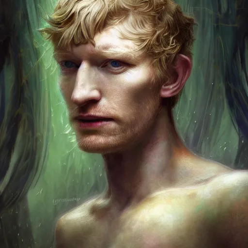 Image similar to closeup portrait shot of domhnall gleeson as puck, robin goodfellow, pooka, fairy wings, highly detailed, digital painting, artstation, concept art, soft focus, depth of field, artgerm, tomasz alen kopera, peter mohrbacher, donato giancola, wlop, boris vallejo