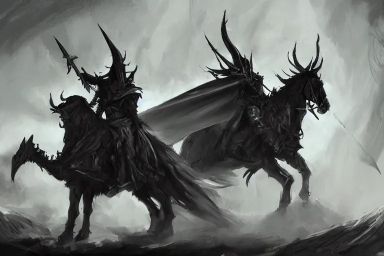 Prompt: concept art mood painting environment painting witch king of angmar wielding black sword lord of the rings. style of, ryan church, jon mccoy, george hull, painting