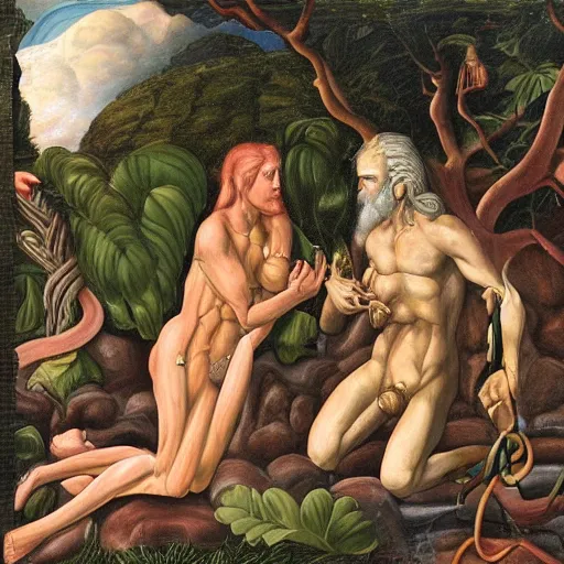 Prompt: Close-up of God being angry in the Garden of Eden. Adam and Eve look very guilty and the snake is leaving the scene quietly - anatomically correct, hyperrealistic