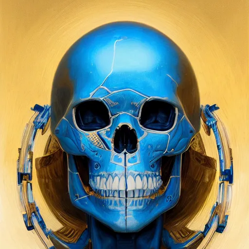 Image similar to hyperdetailed robotic skeleton head with blue human eyes, blue eyes, symetry, golden ratio, intricate, detailed, volumetric lighting, scenery, digital painting, highly detailed, artstation, sharp focus, illustration, artstation, art by artgerm and greg rutkowski and alphonse mucha