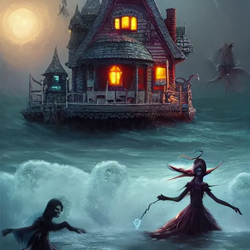 Image similar to realistic scary witches in front of a candy witch house, floating on the ocean, epic scene, fantasy, cinematic, hyper - detailed, in the style of greg rutkowski