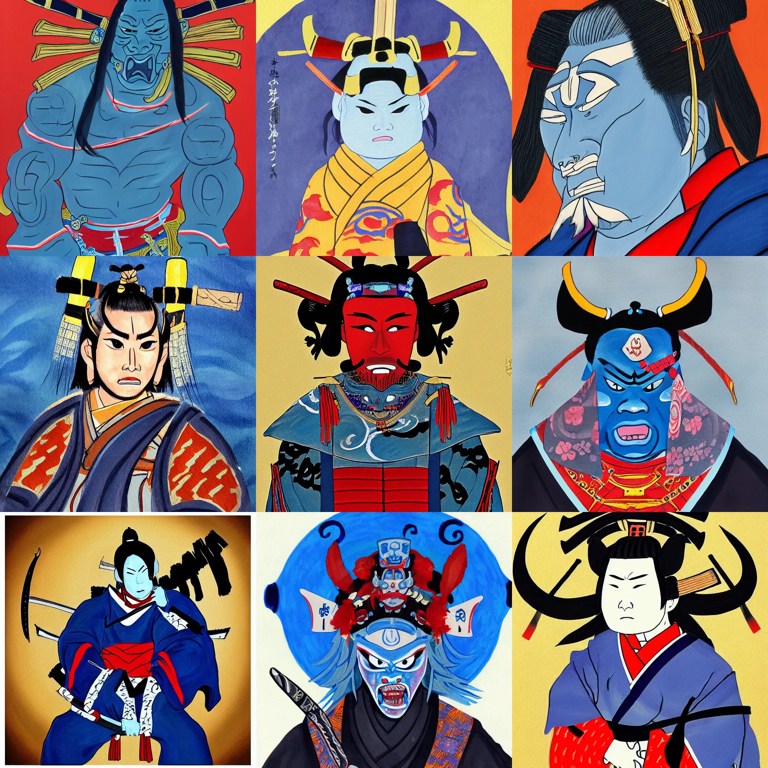 Prompt: a painting of a samurai but a blue oni demon 鬼 👹 official portrait