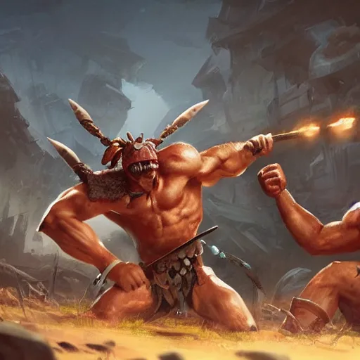 Image similar to barbarian fist fight big insect, 8 k, trending on by tooth wu and greg rutkowski