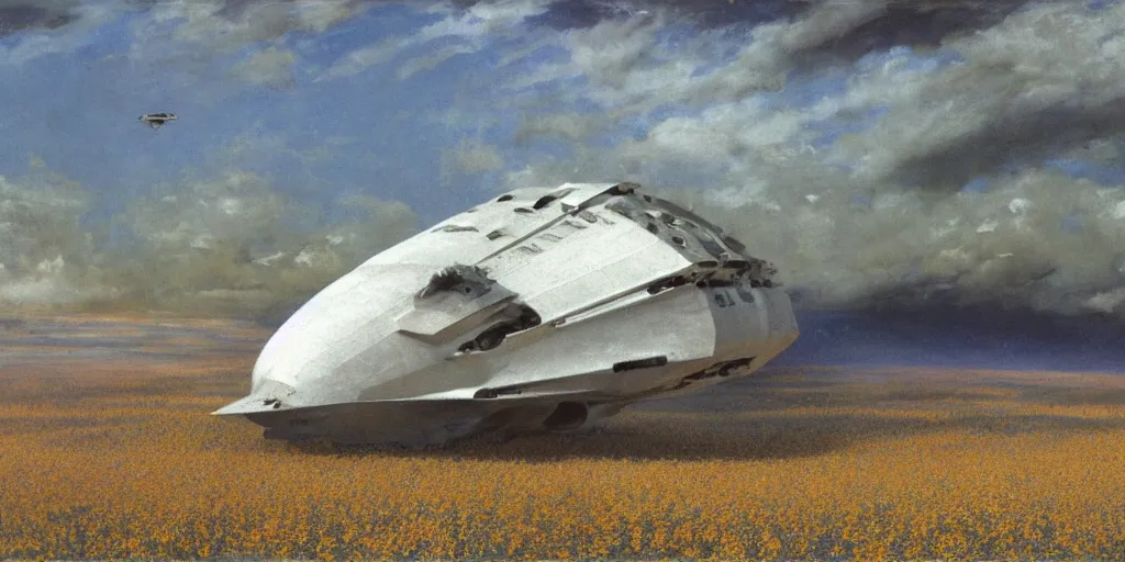 Prompt: Fernand Khnopff super technologies white giant spaceship starship battlestar airship superstructure deck, landed laying in center on tansy wormwood field, mountains afar by Fernand Khnopff by john berkey, oil painting, concept art, interstellar movie, blue disc of planet on horizon