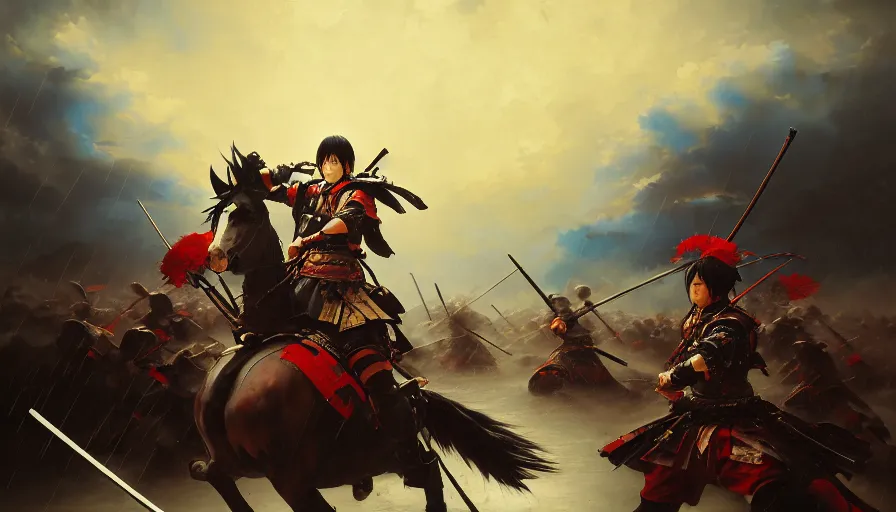 Prompt: baroque oil painting of key visual great samurai war, many warriors, rain, storm, final fantasy, fake detail, trending pixiv fanbox, acrylic palette knife, style of makoto shinkai takashi takeuchi yoshiyuki sadamoto greg rutkowski chiho aoshima, artstation, manga