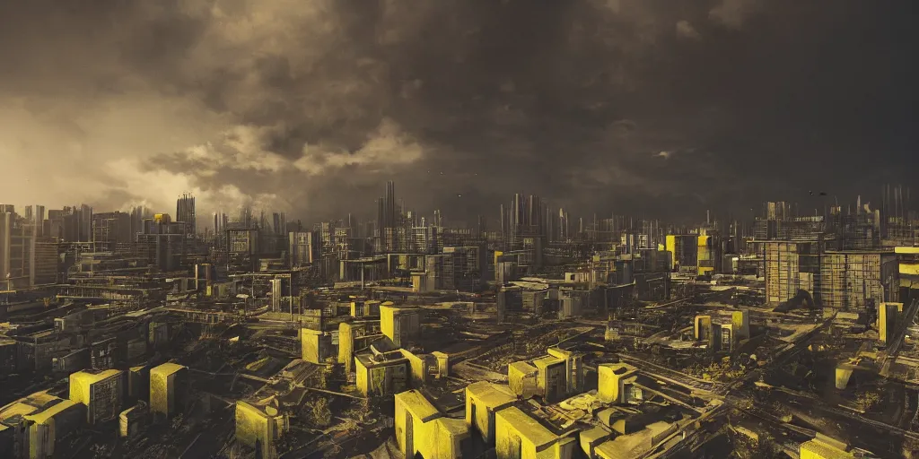 Image similar to brutalist yellow and black concrete cyberpunk with red and orange glow, architecture by Le Corbusier, abandoned red buildings, empty streetscapes, surrounded by lush green vegetation, ground-level view, puddles of water, stunning volumetric lighting, sunset, trending on Artstation, 8k, photorealistic, hyper detailed, unreal engine 5, cinematic, epic lighting, cryengine, octane render, dark, gloomy, foggy