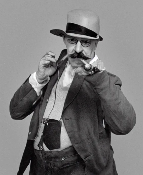 Prompt: a vintage photo medium shot of a middle - aged man with a moustache wearing a round bowler and sunglasses. he is holding one single cigar in his right hand. very coherent.