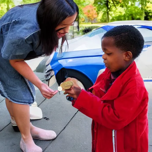 Image similar to a child exchanging a ticket for a coin from an adult, photorealistic