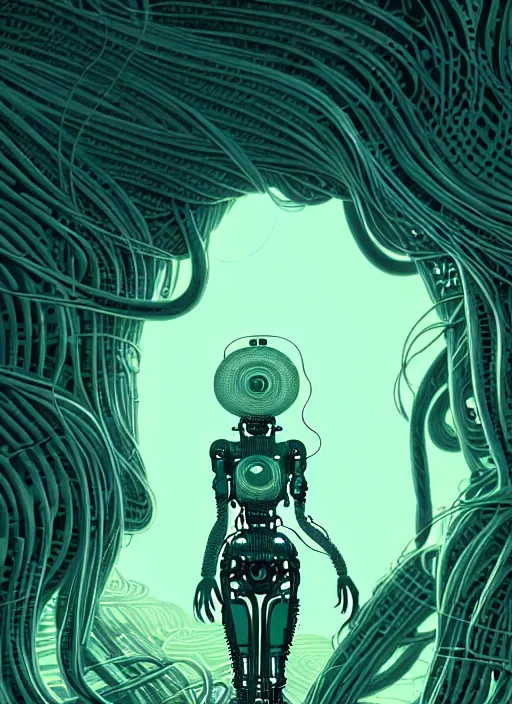 Image similar to highly detailed portrait of a biopunk long curly white hair tribal lady, stray wiring by atey ghailan, james gilleard, by joe fenton, by greg rutkowski, by greg tocchini, by kaethe butcher, 4 k resolution, gradient green, black and white color scheme!!! ( ( irradiated robotic mountain landscape background ) )