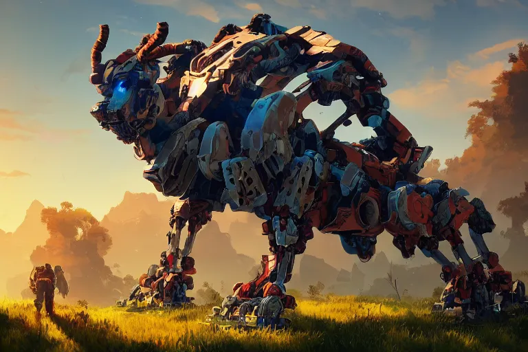 Image similar to grazer machine mecanical creature robot of horizon forbidden west horizon zero dawn radiating a glowing aura global illumination ray tracing hdr fanart arstation by ian pesty and alena aenami artworks in 4 k