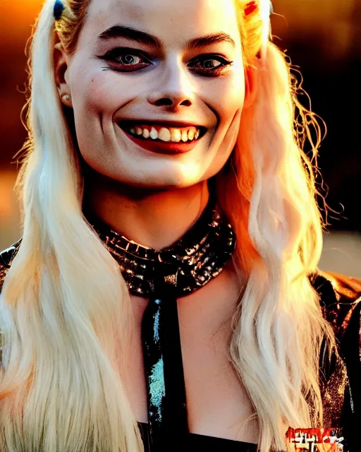 Prompt: 3 5 mm photo of elegant suicide squad margot robbie that looks like harley quinn, long blonde hair and big eyes, beautiful smile, finely detailed perfect face, standing on the wet street at sunset, ambient golden hour sunset lighting,