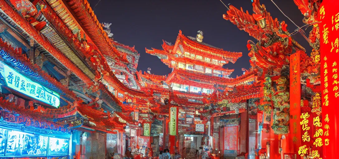 Prompt: ancient chinese cyberpunk shrine, photograph, ultra wide angle, sharp focus, intricate detail, drone shot, high resolution, 8 k, neon streetlights, holographic advertising board hanging everywhere, vivid color