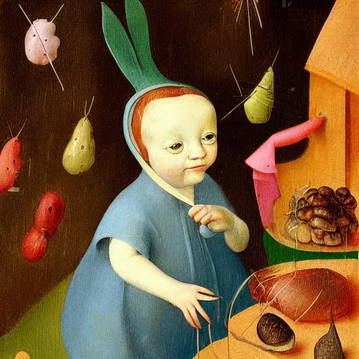 Image similar to little girl, bunny suit, artwork in hieronymus bosch art style, inspired in balthus, clean details, baby color palette, candy, anatomically proportional, hd