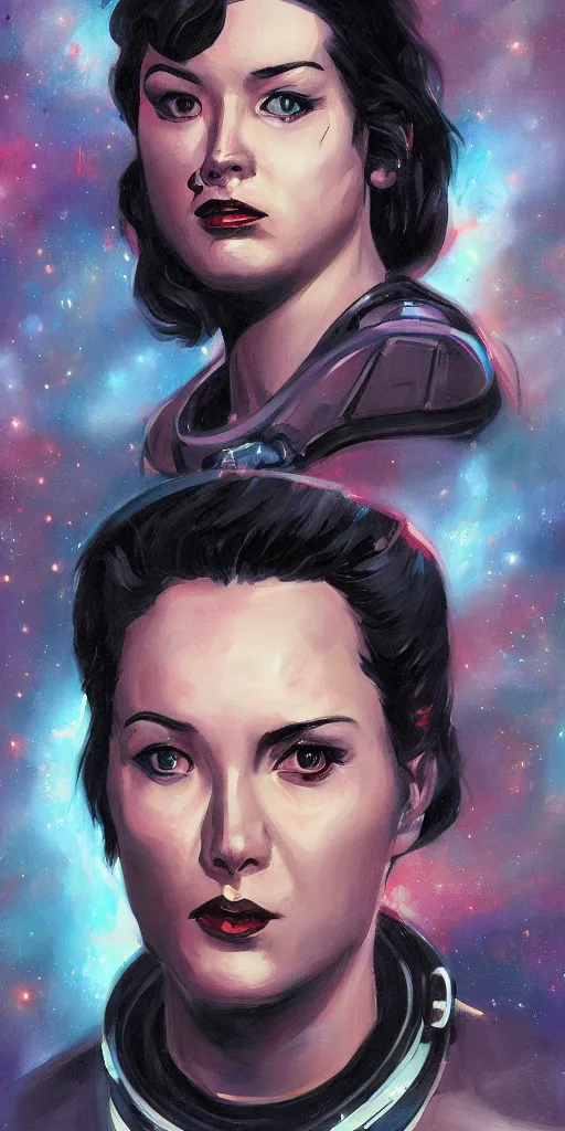 Image similar to portrait painting of a space mechanic, retrowave noir, in the style of frank cho, casey baugh and james jean