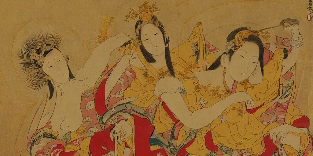 Image similar to japanese sun goddess painting, italian renaissance style