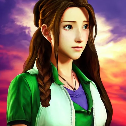 Prompt: mid-close portrait of Aerith Gainsborough in the style of GTA-5 loading screen art