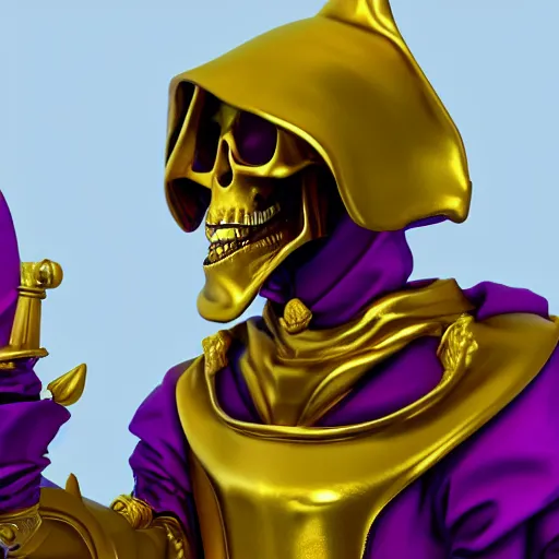 Prompt: a skeleton in a purple robe, golden magical shoulder pads, in a hood, a red magic sphere in his chest, he stands next to a golden throne, realism, game quality, 3d render, proportions