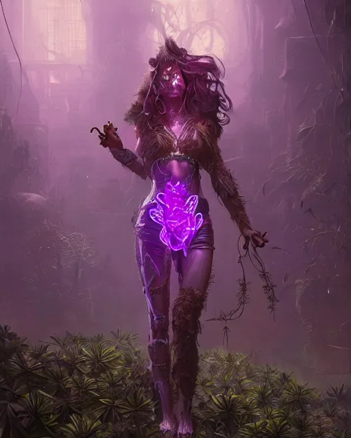 Prompt: full body woman made of plants weed and steel, fantasy character portrait full body concept art, intricate details, volumetric neon purple lights by greg rutkowski, gaston bussiere