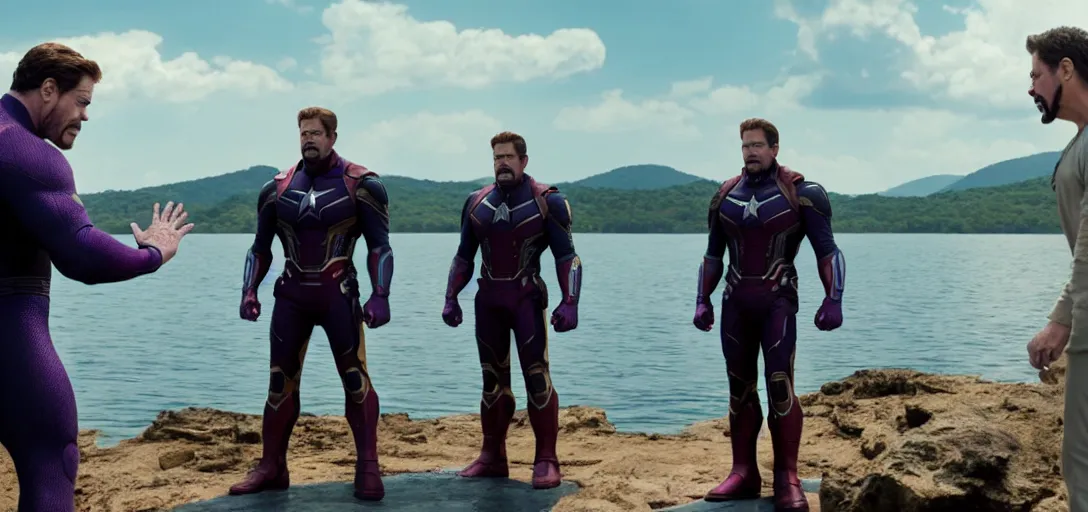 Image similar to a very high resolution image from a new movie. thanos waving at tony stark while capitan america watches on a lake, photorealistic, photography, directed by wes anderson