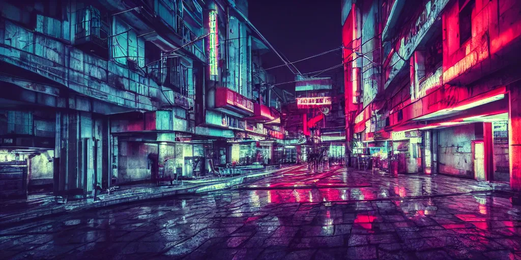 Image similar to Belgrade at night in cyberpunk style, brutalist architecture, neon lights, ultra realistic, highly detailed, HD, sharp focus, cinematic lighting, realistic, vivid colors, photo, film, non blurry, sharp