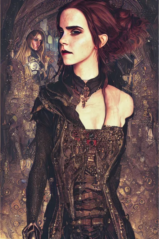 Image similar to portrait of beautiful gothic Emma Watson, cyberpunk, Warhammer, highly detailed, artstation, illustration, art by Gustav Klimt