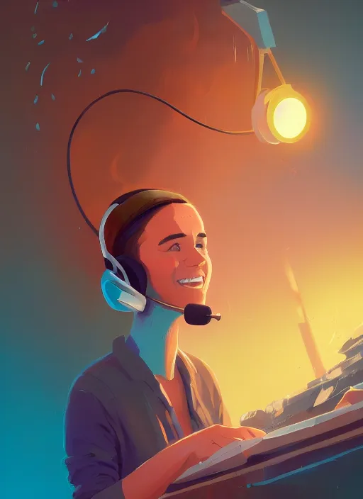 Prompt: portrait of a happy telemarketer wearing a headset, hot plumes of steam rising from her head, Alena Aenami, Petros Afshar, Noah Bradley, Anton Fadeev, Anato Finnstark, Steve Henderson, Filip Hodas, Mark Keathley, Thomas Kinkade, Phil Koch, Gilbert Williams, Mike Winkelmann, Beeple